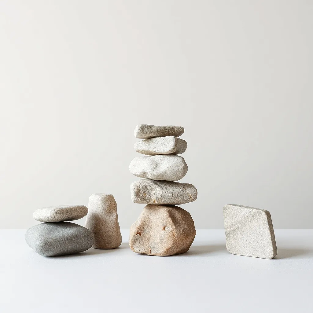 A minimalist still life of balanced stone sculptures or arch